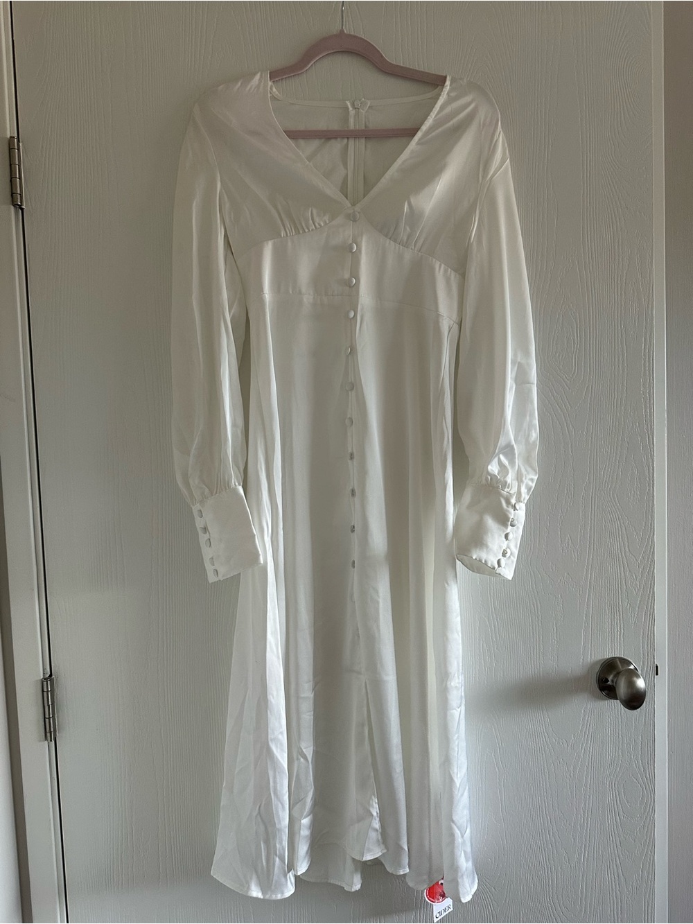Cider White Satin V-Neck Long Sleeve Button-Front Dress - Picture 5 of 6